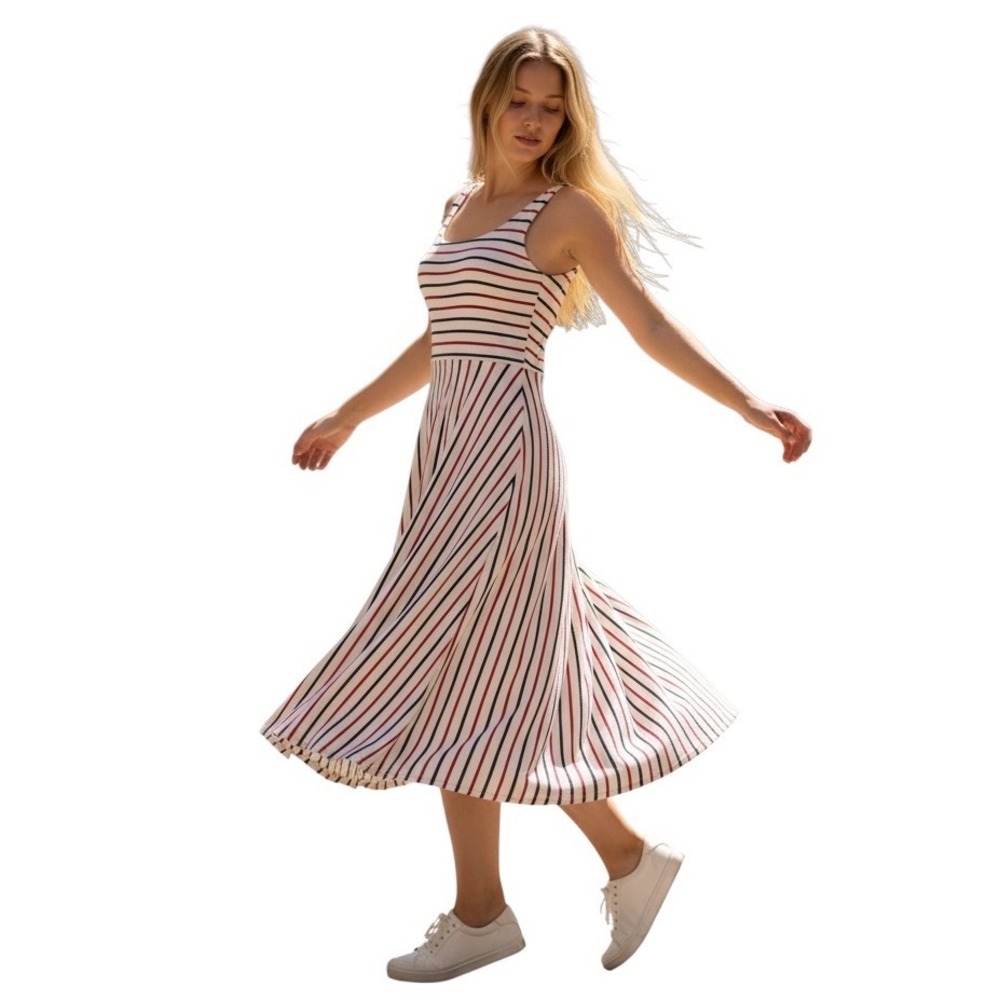 LOFT Striped Midi Dress Womens XXSP White Navy Red Scoop Neck Sleeveless Jersey
